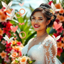 A beautiful Filipina bride in a stunning traditional wedding gown, smiling joyfully with a backdrop of tropical flowers and lush greenery