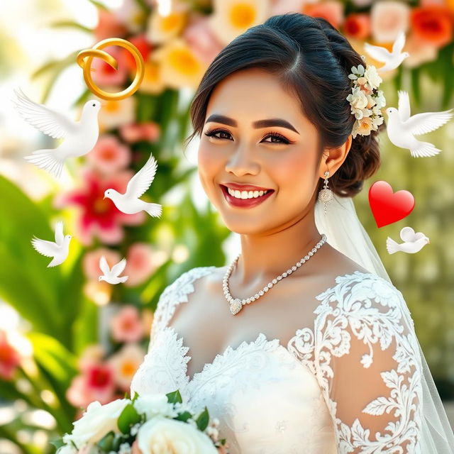 A beautiful Filipina bride in a stunning traditional wedding gown, smiling joyfully with a backdrop of tropical flowers and lush greenery