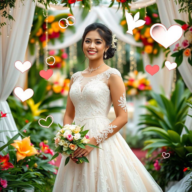 A radiant Filipina bride in a majestic traditional wedding gown, embodying joy and love as she stands in a picturesque garden filled with colorful tropical flowers and greenery