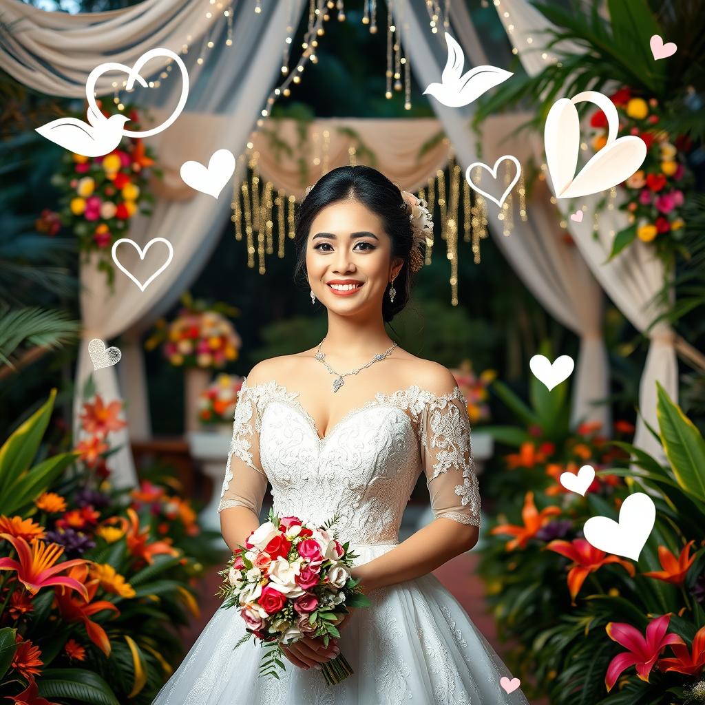 A radiant Filipina bride in a majestic traditional wedding gown, embodying joy and love as she stands in a picturesque garden filled with colorful tropical flowers and greenery