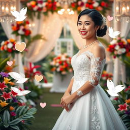 A radiant Filipina bride in a majestic traditional wedding gown, embodying joy and love as she stands in a picturesque garden filled with colorful tropical flowers and greenery