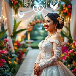 A radiant Filipina bride in a majestic traditional wedding gown, embodying joy and love as she stands in a picturesque garden filled with colorful tropical flowers and greenery