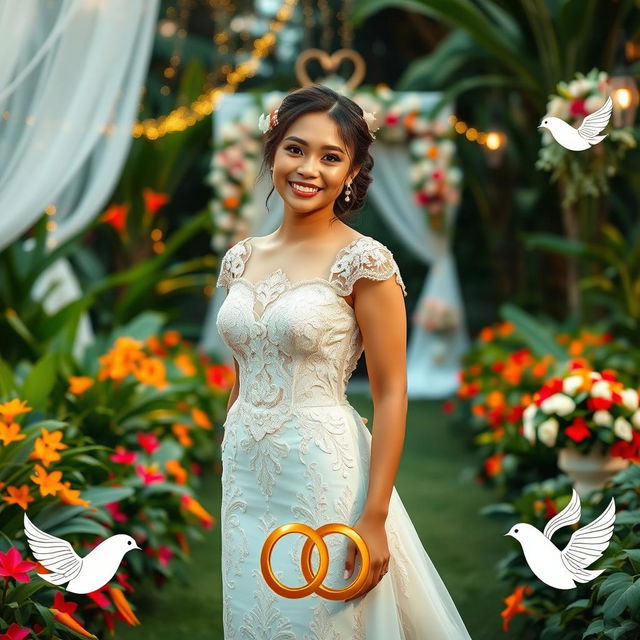 A radiant Filipina bride dressed in a luxurious traditional wedding gown, featuring intricate embroidery and lace details, standing gracefully in a beautiful garden filled with vibrant tropical flowers