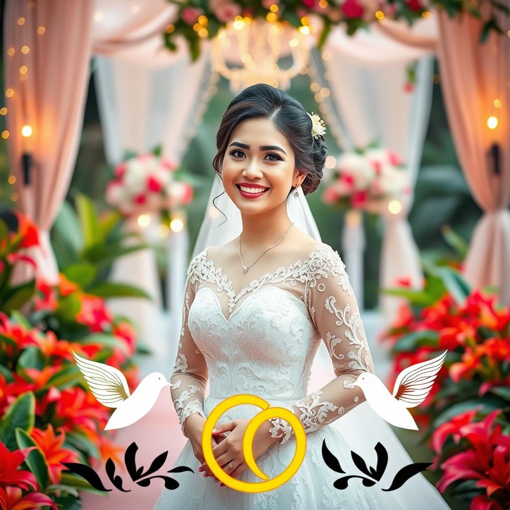 A radiant Filipina bride dressed in a luxurious traditional wedding gown, featuring intricate embroidery and lace details, standing gracefully in a beautiful garden filled with vibrant tropical flowers