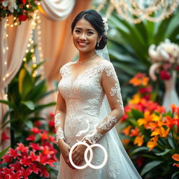 A radiant Filipina bride dressed in a luxurious traditional wedding gown, featuring intricate embroidery and lace details, standing gracefully in a beautiful garden filled with vibrant tropical flowers