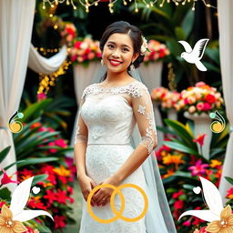 A radiant Filipina bride dressed in a luxurious traditional wedding gown, featuring intricate embroidery and lace details, standing gracefully in a beautiful garden filled with vibrant tropical flowers