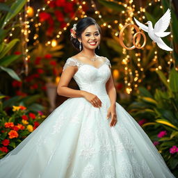 A joyous Filipina bride in a stunning, intricately designed traditional wedding gown that flows gracefully around her, showcasing elaborate lace and embroidery