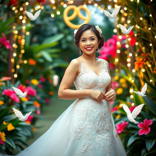 A joyous Filipina bride in a stunning, intricately designed traditional wedding gown that flows gracefully around her, showcasing elaborate lace and embroidery