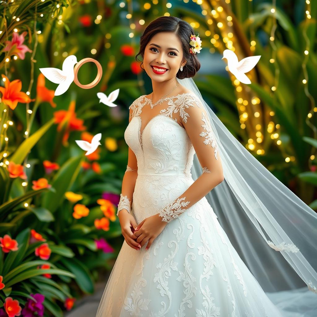 A joyous Filipina bride in a stunning, intricately designed traditional wedding gown that flows gracefully around her, showcasing elaborate lace and embroidery