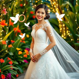 A joyous Filipina bride in a stunning, intricately designed traditional wedding gown that flows gracefully around her, showcasing elaborate lace and embroidery