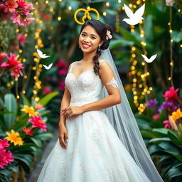 A joyous Filipina bride in a stunning, intricately designed traditional wedding gown that flows gracefully around her, showcasing elaborate lace and embroidery