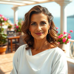 A Greek woman aged between 35 to 45 years, wearing beautiful, modest clothing that covers her elegantly