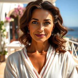 A Greek woman aged between 35 to 45 years, wearing beautiful, modest clothing that covers her elegantly