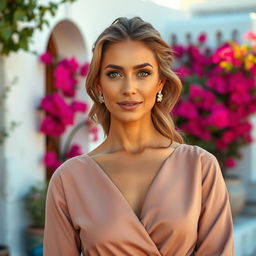 A Greek woman between the ages of 35 and 45, dressed in elegant, modest clothing that gracefully covers her figure