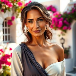 A Greek woman between the ages of 35 and 45, dressed in elegant, modest clothing that gracefully covers her figure