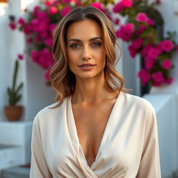 A Greek woman between the ages of 35 and 45, dressed in elegant, modest clothing that gracefully covers her figure