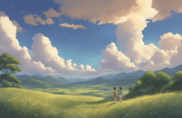 A high-definition digital art image in the style of Makoto Shinkai, featuring a detailed natural landscape under a brilliant sky