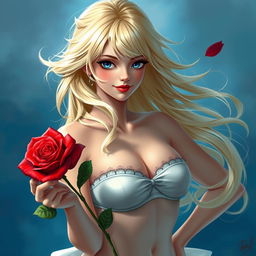 A beautiful blonde sexual fantasy character, elegantly showcasing her allure in a captivating pose