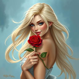 A beautiful blonde sexual fantasy character, elegantly showcasing her allure in a captivating pose