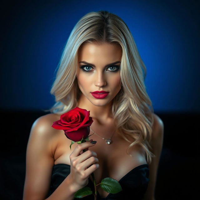 A seductive blonde woman in an alluring pose, with a red rose in her hand