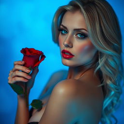 A seductive blonde woman in an alluring pose, with a red rose in her hand