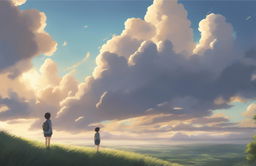 A high-definition digital art image in the style of Makoto Shinkai, featuring a detailed natural landscape under a brilliant sky