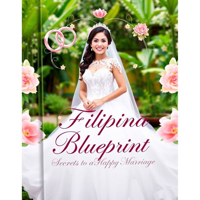 The cover design of 'The Filipina Bride Blueprint: Secrets to a Happy Marriage' showcases an elegant and sophisticated visual representation