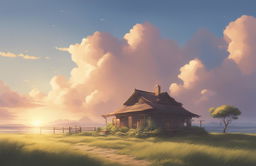 A high-definition digital art image in the style of Makoto Shinkai, featuring a detailed natural landscape under a brilliant sky