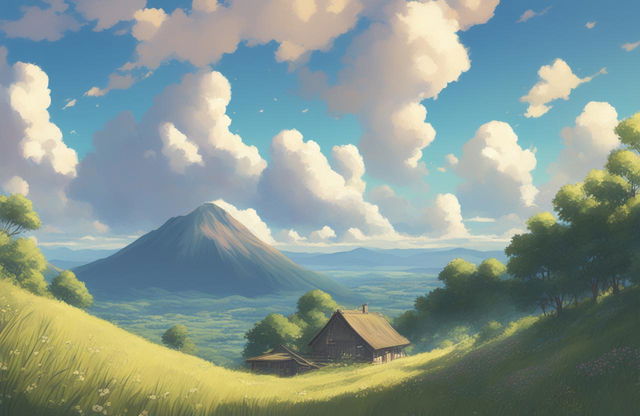 A high-definition digital art image in the style of Makoto Shinkai, featuring a detailed natural landscape under a brilliant sky