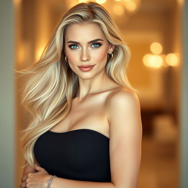 A stunning portrait of a beautiful blonde woman with enchanting blue eyes and flowing golden hair