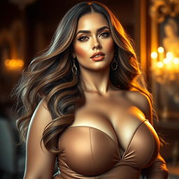 A hyper-realistic portrait of a curvaceous woman with huge breasts, showcasing her confidence and beauty
