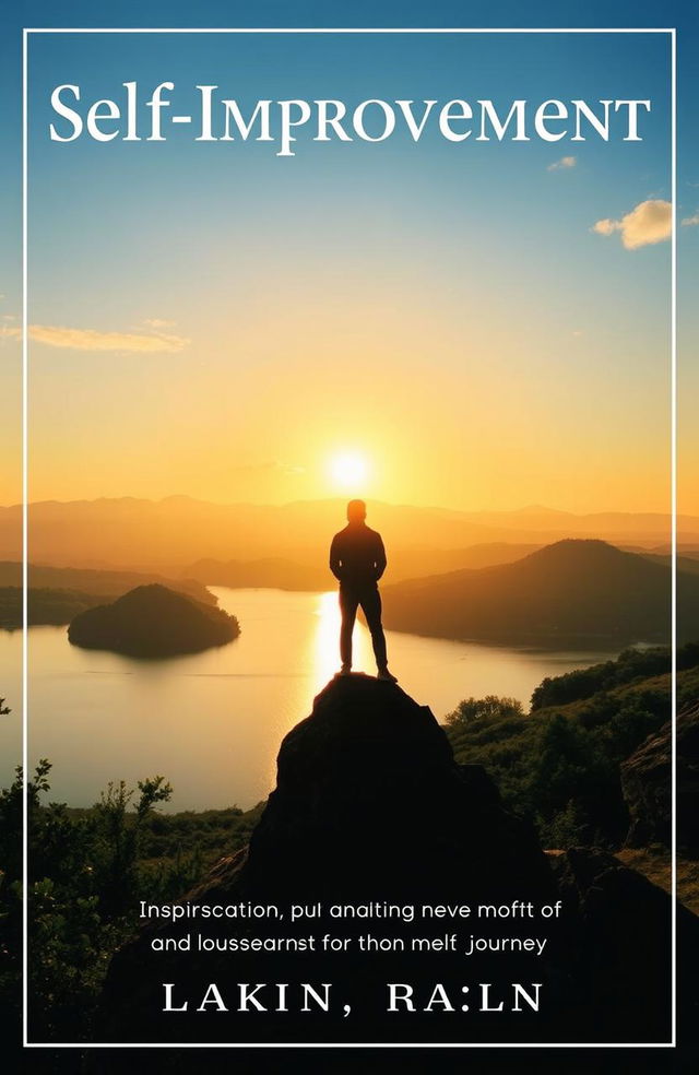 A captivating book cover for a self-improvement book, featuring a serene landscape with a sunrise casting warm golden light over a tranquil lake, surrounded by lush greenery