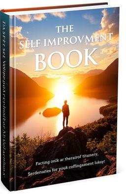 A captivating book cover for a self-improvement book, featuring a serene landscape with a sunrise casting warm golden light over a tranquil lake, surrounded by lush greenery
