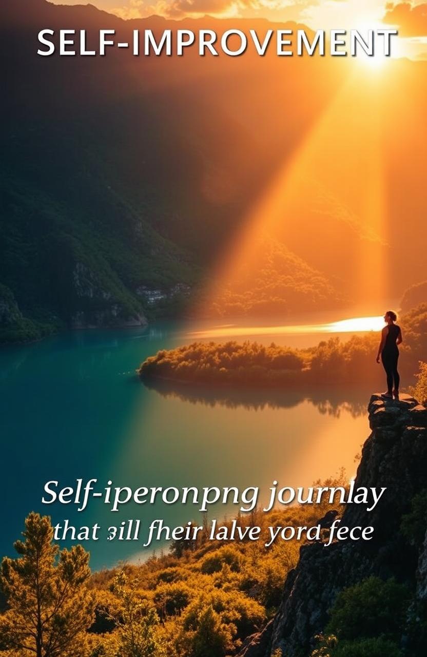 A captivating book cover for a self-improvement book, featuring a serene landscape with a sunrise casting warm golden light over a tranquil lake, surrounded by lush greenery