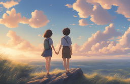 A high-definition digital art image in the style of Makoto Shinkai, featuring young lovers in a detailed natural landscape under a brilliant sky