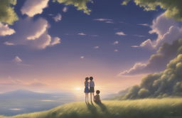 A high-definition digital art image in the style of Makoto Shinkai, featuring young lovers in a detailed natural landscape under a brilliant sky