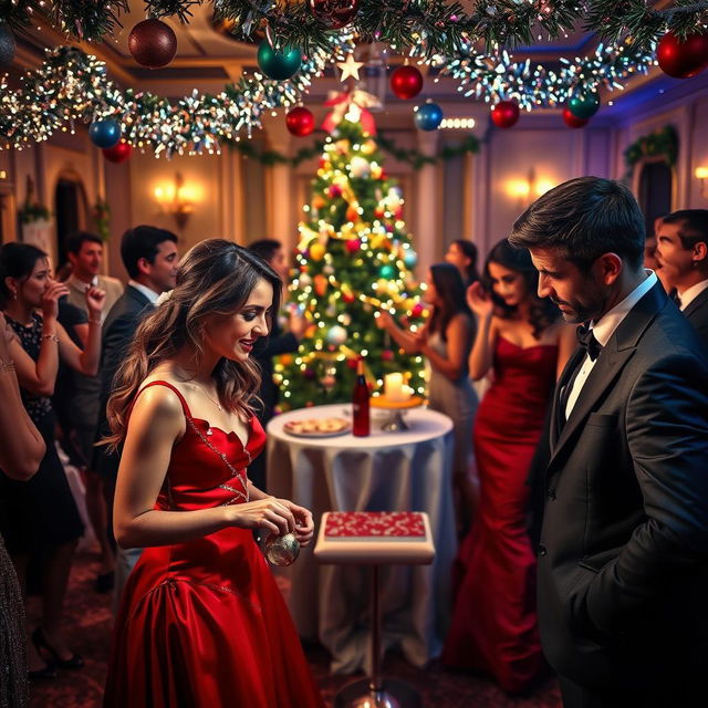 A lively and chaotic Christmas party scene titled 'Tinsel and Tears: Love Gone Wrong at the Christmas Bash