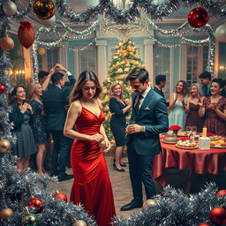 A lively and chaotic Christmas party scene titled 'Tinsel and Tears: Love Gone Wrong at the Christmas Bash