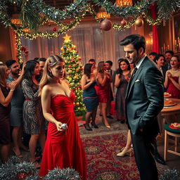 A lively and chaotic Christmas party scene titled 'Tinsel and Tears: Love Gone Wrong at the Christmas Bash