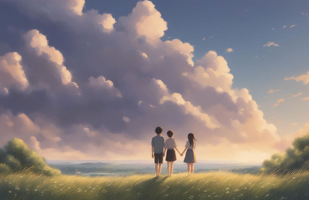 A high-definition digital art image in the style of Makoto Shinkai, featuring young lovers in a detailed natural landscape under a brilliant sky