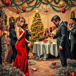 A lively and chaotic Christmas party scene titled 'Tinsel and Tears: Love Gone Wrong at the Christmas Bash