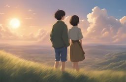 A high-definition digital art image in the style of Makoto Shinkai, featuring young lovers in a detailed natural landscape under a brilliant sky