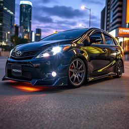 A modified Toyota Premio showcasing an aggressive and sleek exterior design, featuring a glossy black paint job and striking body kit