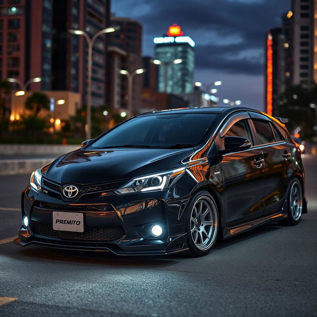 A modified Toyota Premio showcasing an aggressive and sleek exterior design, featuring a glossy black paint job and striking body kit