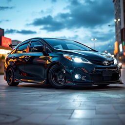 A modified Toyota Premio showcasing an aggressive and sleek exterior design, featuring a glossy black paint job and striking body kit