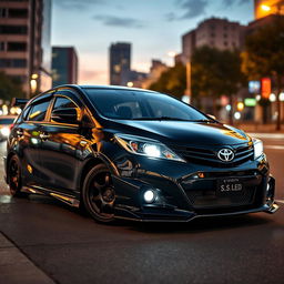 A modified Toyota Premio showcasing an aggressive and sleek exterior design, featuring a glossy black paint job and striking body kit