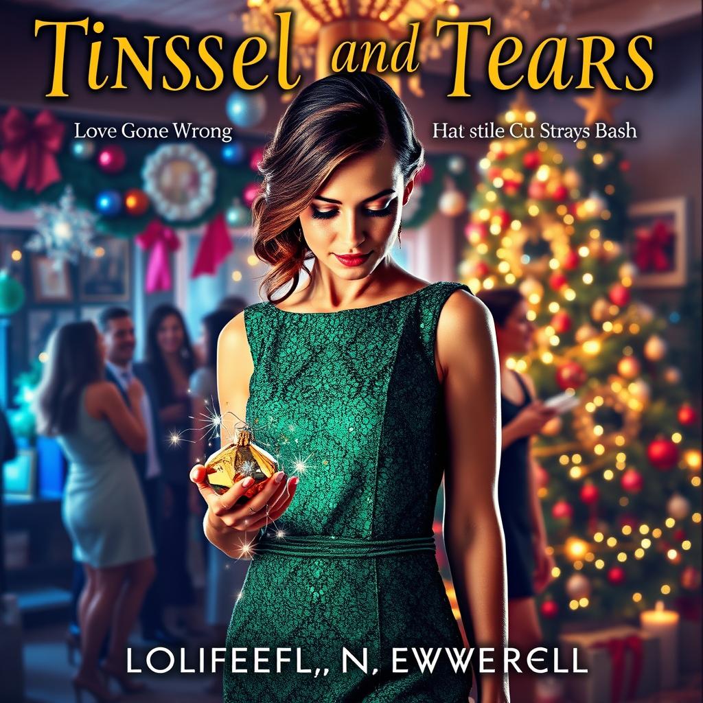 The book cover for 'Tinsel and Tears: Love Gone Wrong at the Christmas Bash' features a poignant scene that encapsulates heartbreak amidst holiday cheer