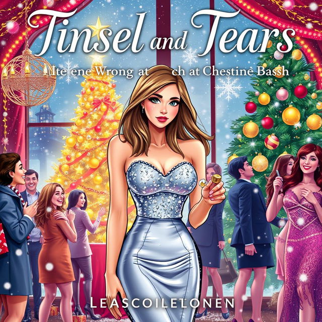 The book cover for 'Tinsel and Tears: Love Gone Wrong at the Christmas Bash' features a striking illustration that captures the essence of holiday romance gone awry