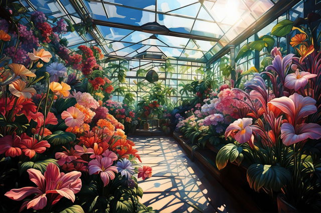 A high-definition digital art image depicting a glasshouse in spring, filled with a variety of plants in full bloom