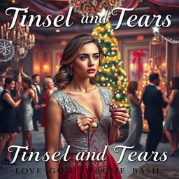 The captivating book cover for 'Tinsel and Tears: Love Gone Wrong at the Christmas Bash' depicts a scene filled with holiday spirit yet tinged with heartbreak